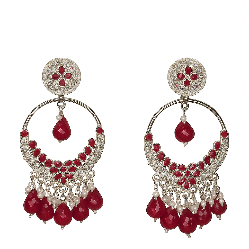Silver-Plated Red Stone Jhumka Earrings – Ethnic Indian Chandbali Partywear for Women