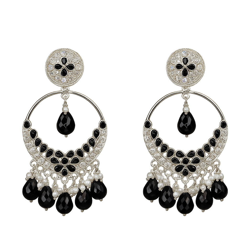 Silver Plated Black Stone Jhumka Earrings | Ethnic Chandbali Partywear Traditional Earrings for Women & Girls