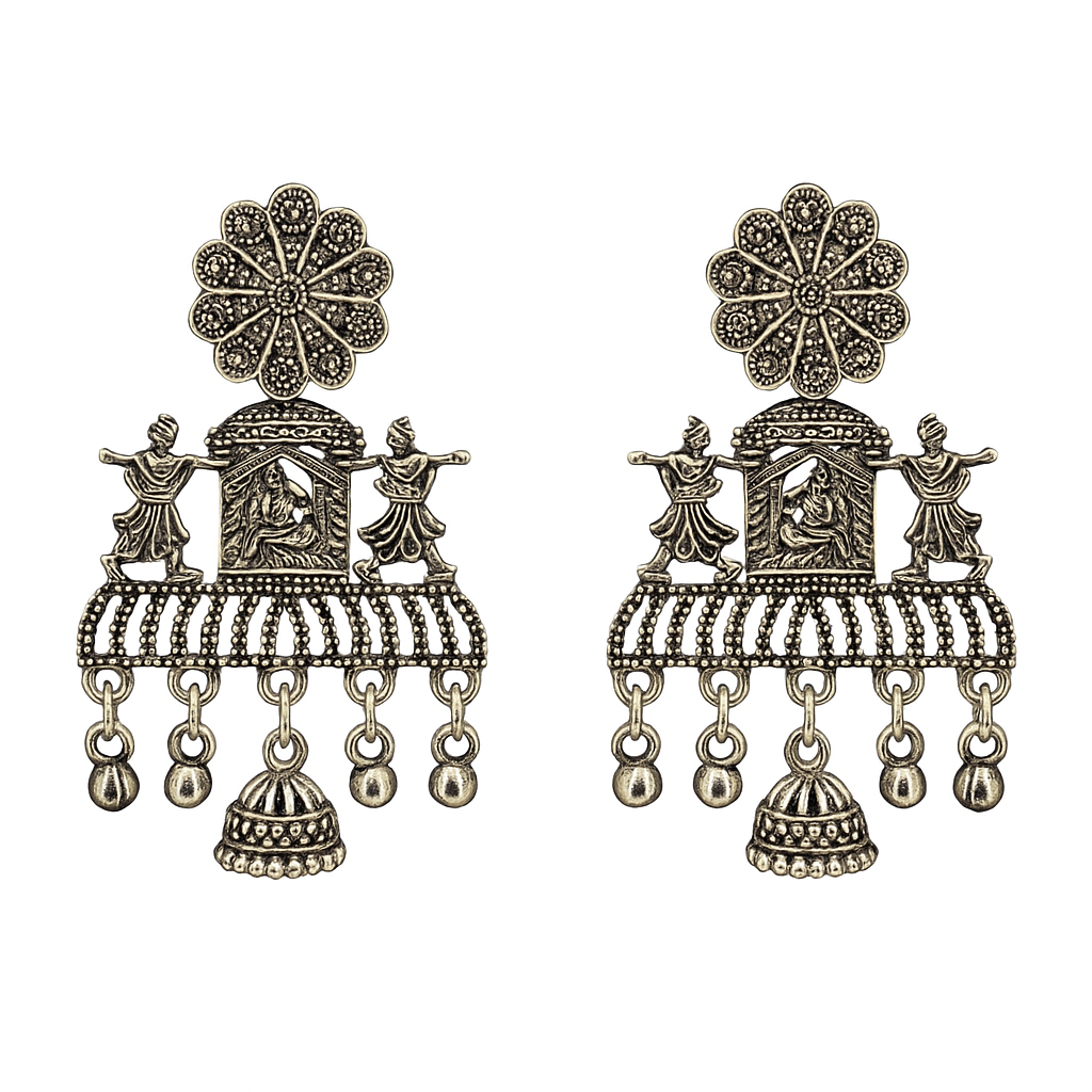 Oxidised Silver Jhumka Earrings for Women & Girls | Antique Ethnic Traditional Party Wear Jewellery | Lightweight Daily Wear Earrings for Wedding & Festive Outfits