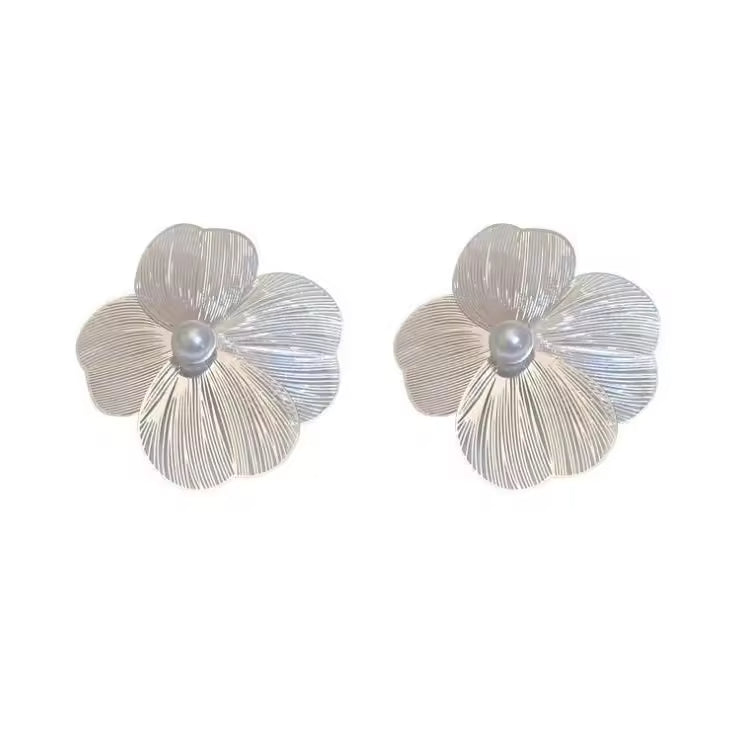 Metal Simple Four Petal Flower Premium Earrings (White) – Elegant Floral Studs for a Classic Look
