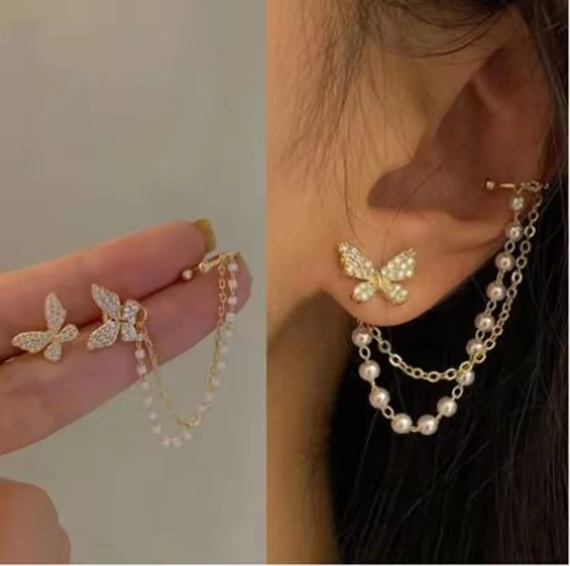 Butterfly Pearl Tassel Ear Clip – Elegant One-Piece Chain Ear Bone Cuff