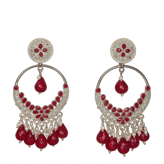 Silver-Plated Red Stone Jhumka Earrings – Ethnic Indian Chandbali Partywear for Women