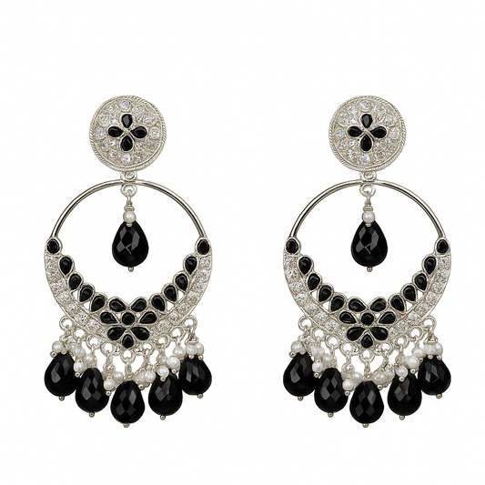 Silver Plated Black Stone Jhumka Earrings | Ethnic Chandbali Partywear Traditional Earrings for Women & Girls