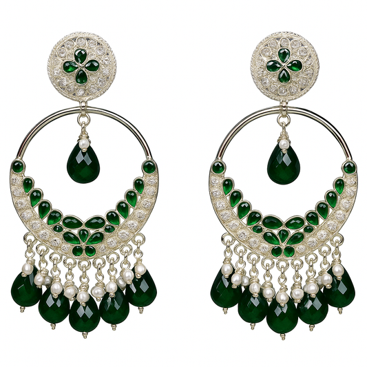Silver Plated Green Stone Jhumka Earrings | Ethnic Chandbali Partywear Traditional Earrings for Women & Girls