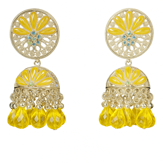Silver Plated Yellow Stone Jhumka Earrings | Ethnic Chandbali Partywear Traditional Earrings for Women & Girls