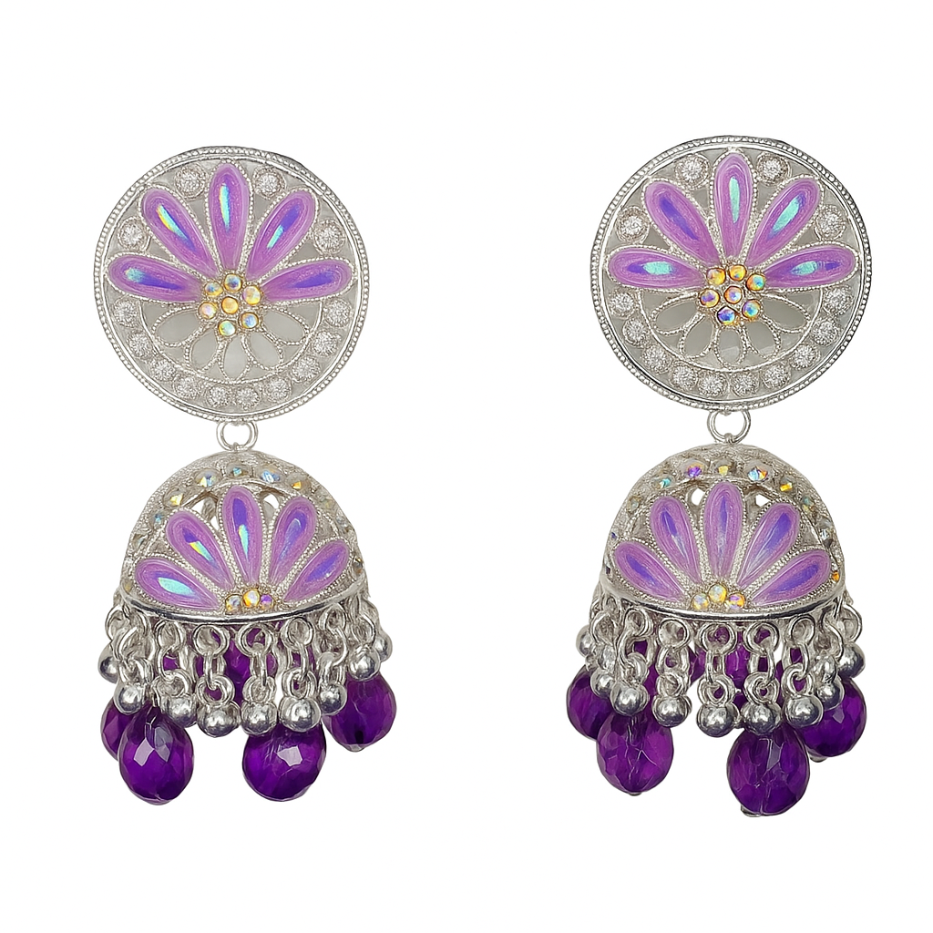 Silver Plated Purple Stone Jhumka Earrings | Ethnic Chandbali Partywear Traditional Earrings for Women & Girls
