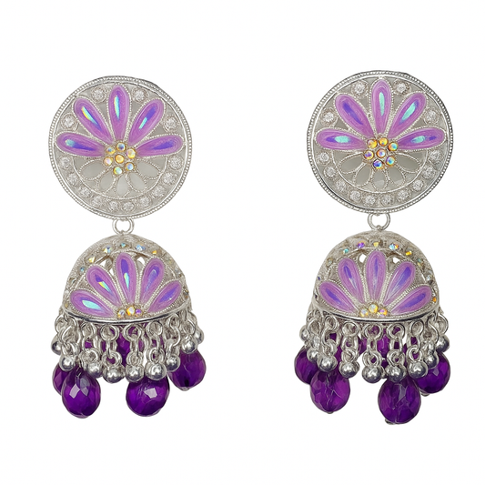 Silver Plated Purple Stone Jhumka Earrings | Ethnic Chandbali Partywear Traditional Earrings for Women & Girls