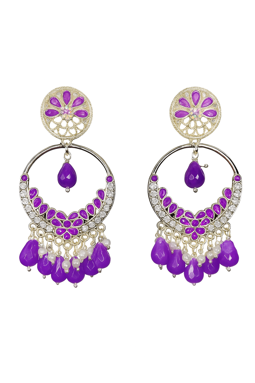 Silver Plated Purple Stone Jhumka Earrings | Ethnic Chandbali Partywear Traditional Earrings for Women & Girls
