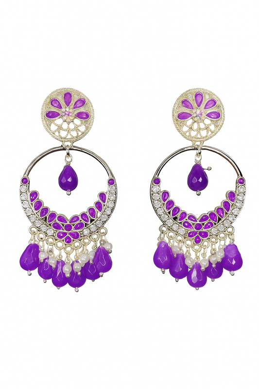 Silver Plated Purple Stone Jhumka Earrings | Ethnic Chandbali Partywear Traditional Earrings for Women & Girls