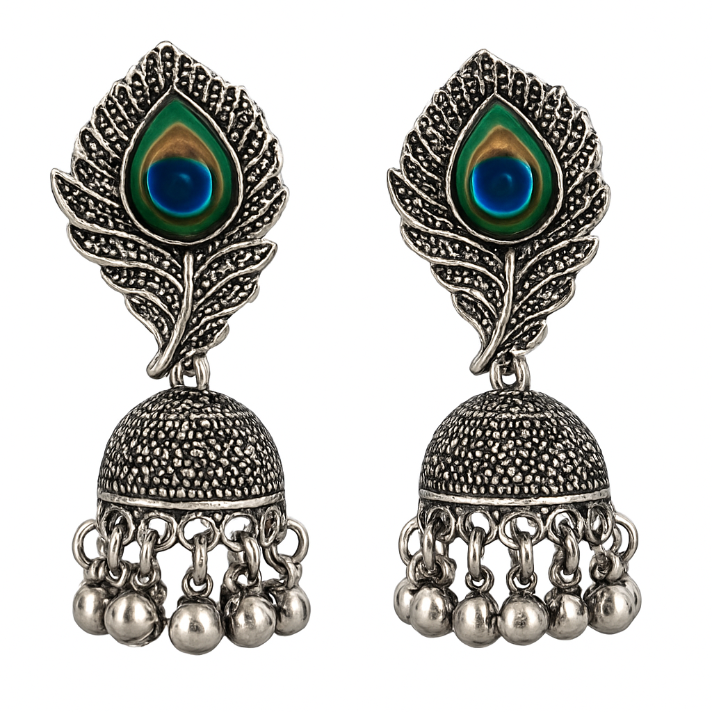 Oxidised Peacock Feather Jhumka Earrings for Women & Girls | Antique Silver Plated Traditional Ethnic Jewellery | Lightweight Party Wear Earrings for Festive & Wedding Outfits