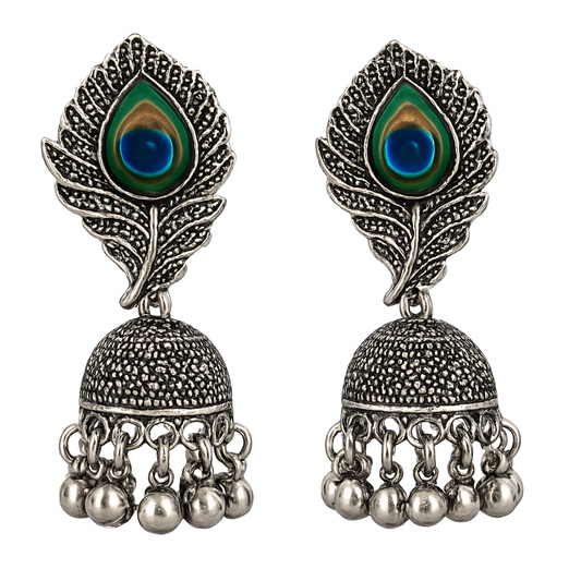 Oxidised Peacock Feather Jhumka Earrings for Women & Girls | Antique Silver Plated Traditional Ethnic Jewellery | Lightweight Party Wear Earrings for Festive & Wedding Outfits