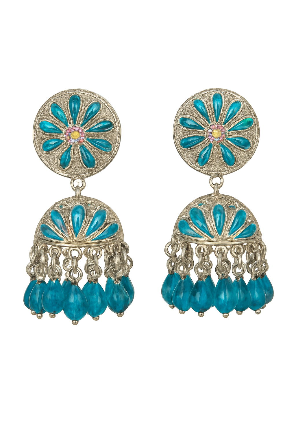 Silver Plated Blue Stone Jhumka Earrings | Ethnic Chandbali Partywear Traditional Earrings for Women & Girls