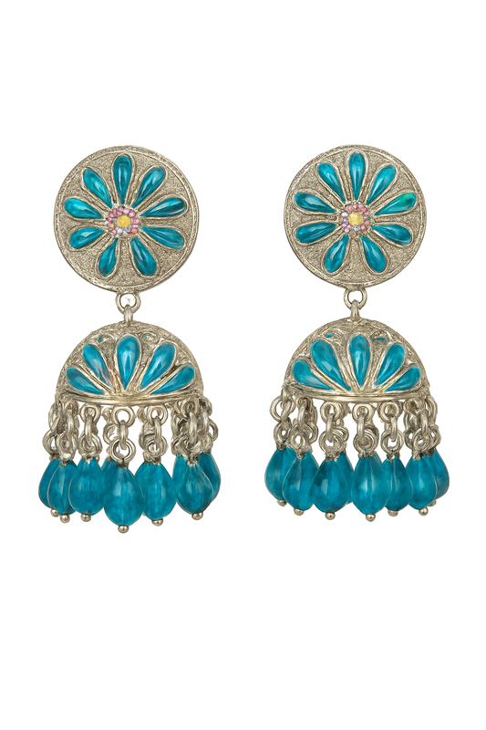 Silver Plated Blue Stone Jhumka Earrings | Ethnic Chandbali Partywear Traditional Earrings for Women & Girls