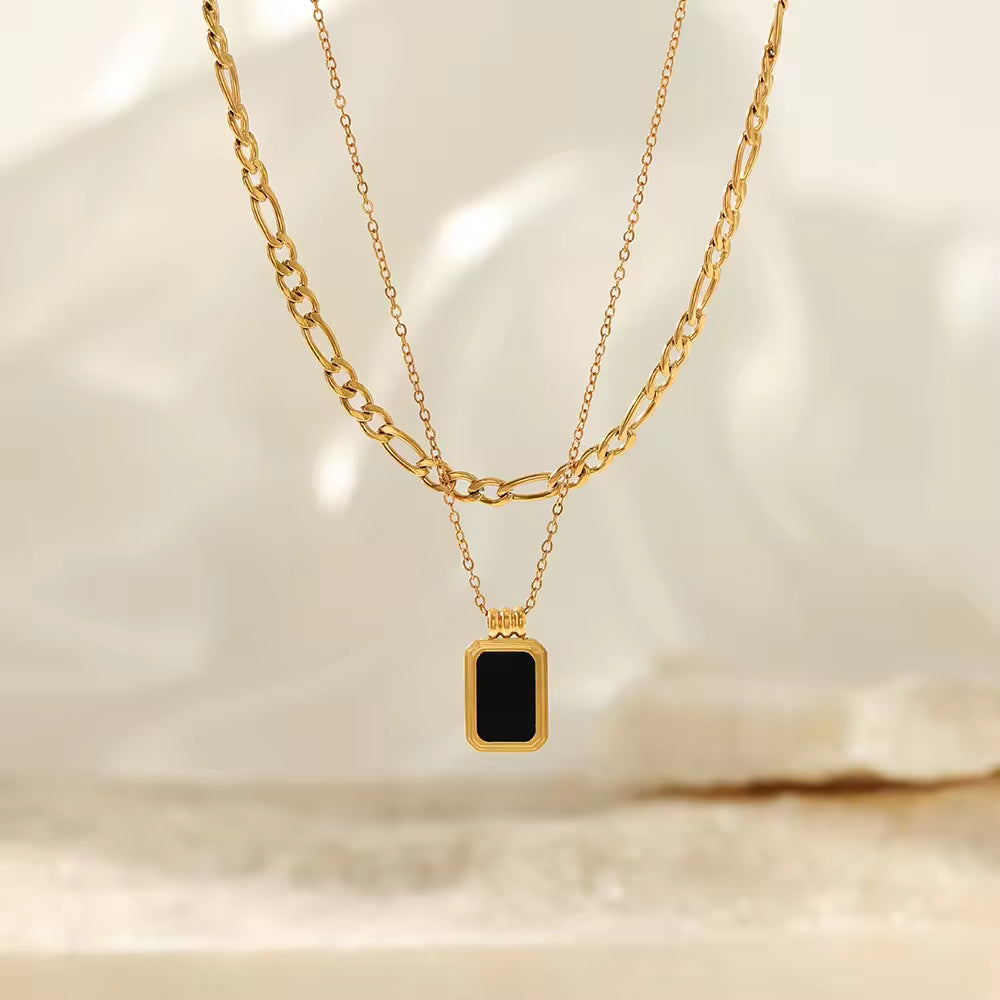 Double Layer Gold Plate Stainless Steel Necklace Black Square Pendant