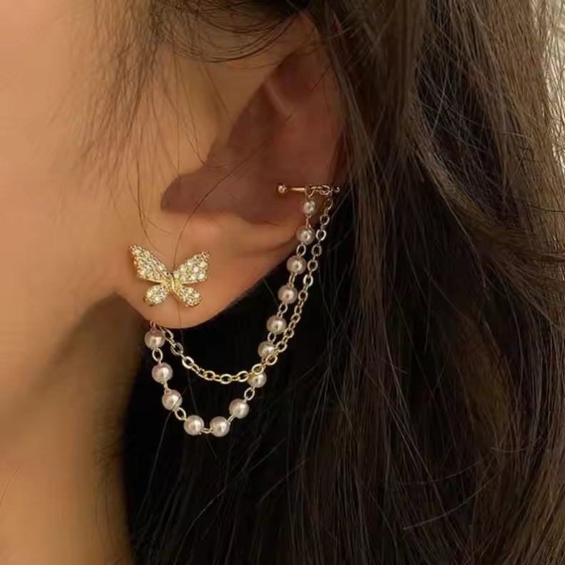 Butterfly Pearl Tassel Ear Clip – Elegant One-Piece Chain Ear Bone Cuff