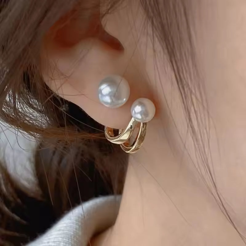 Korean Claw Ear Hook Clip Earrings – Elegant Gold-Toned Design with Dual Big Pearls for Women