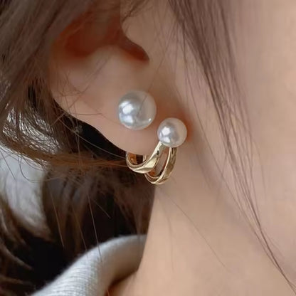 Korean Claw Ear Hook Clip Earrings – Elegant Gold-Toned Design with Dual Big Pearls for Women