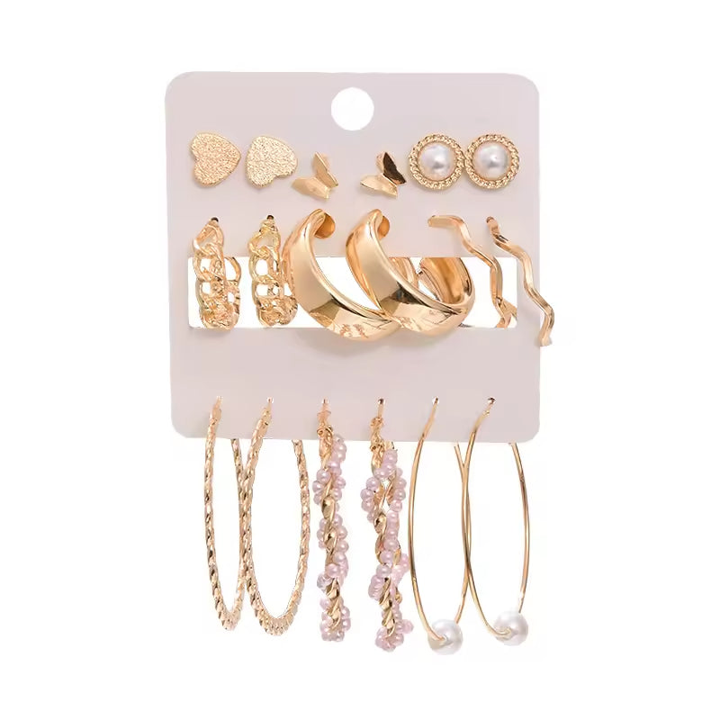 Gold Hoop Earrings Set – 9-Piece Chunky & Twisted Geometric Hoops for Women