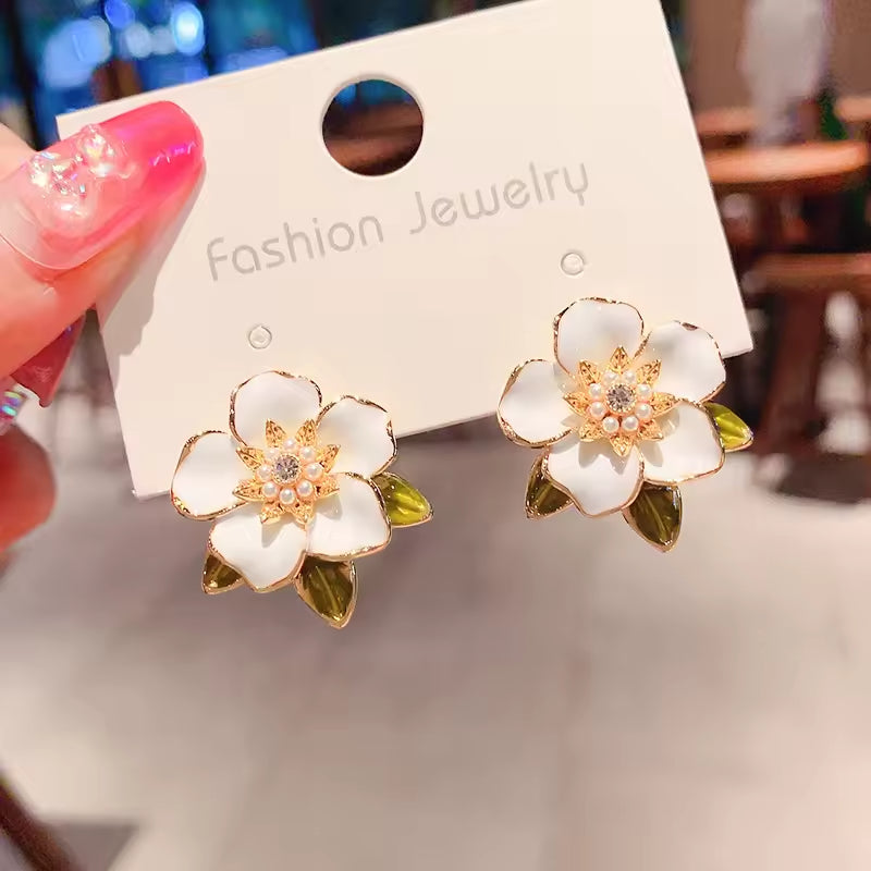 Gold Plated Camellia Stud Earrings – Elegant Enamel Flower with Small Pearl Center