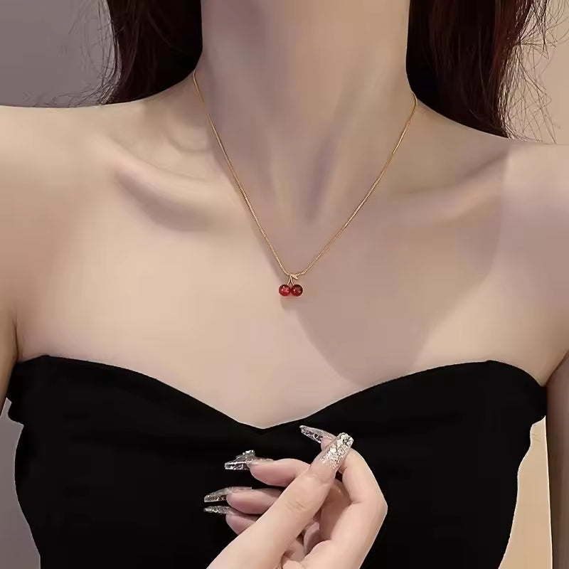 Sweet Delicate Cherry Necklace – Dainty Titanium Steel Pendant for Everyday Charm