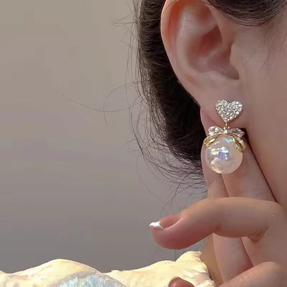 Delicate Gold Bow Heart Zircon Earrings – Elegant Colored Pearl Drop Design