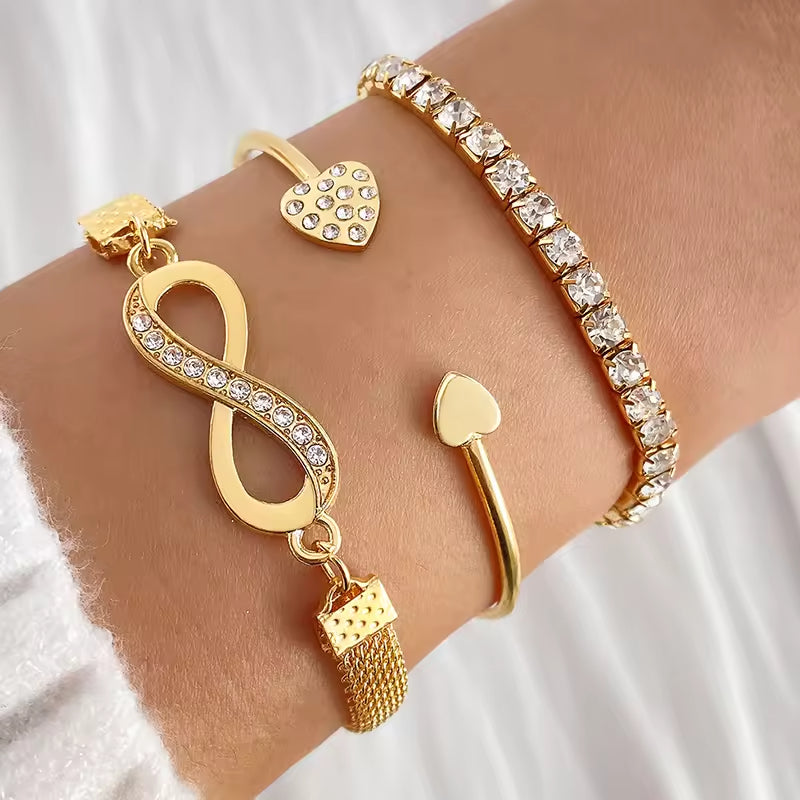 Crystal Peach Heart Bangle Bracelet Set – 3-Piece Sparkling Charm Set for Women & Girls