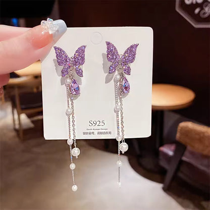 Purple Butterfly Pearl Tassel Earrings – Elegant Sparkle in Silver