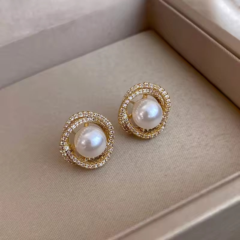 Floral Pearl Zircon Earrings – Elegant Gold Color Studs for Women