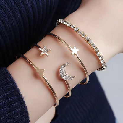 Crystal Moon & Star Bracelet Set – 4-Piece Open Cuff Design