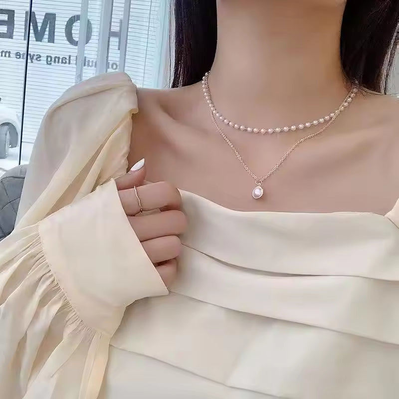 Retro Simple Titanium Steel Short Double Layer Pearl Necklace