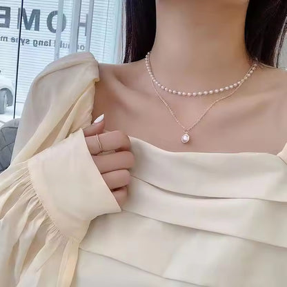 Retro Simple Titanium Steel Short Double Layer Pearl Necklace