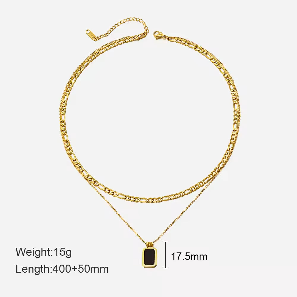 Double Layer Gold Plate Stainless Steel Necklace Black Square Pendant