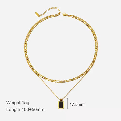 Double Layer Gold Plate Stainless Steel Necklace Black Square Pendant