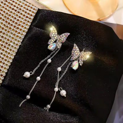 Purple Butterfly Pearl Tassel Earrings – Elegant Sparkle in Silver