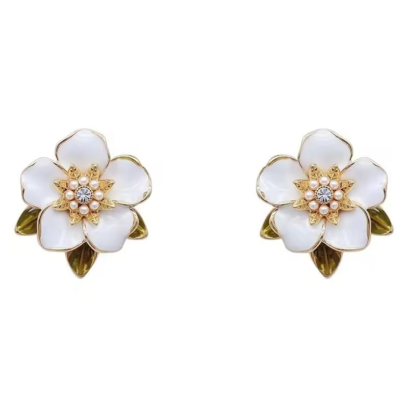 Gold Plated Camellia Stud Earrings – Elegant Enamel Flower with Small Pearl Center