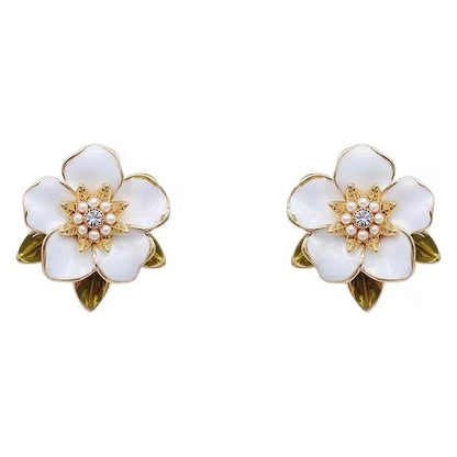Gold Plated Camellia Stud Earrings – Elegant Enamel Flower with Small Pearl Center