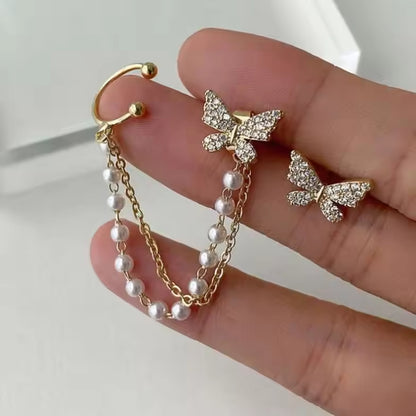 Butterfly Pearl Tassel Ear Clip – Elegant One-Piece Chain Ear Bone Cuff