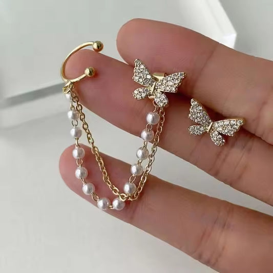 Butterfly Pearl Tassel Ear Clip – Elegant One-Piece Chain Ear Bone Cuff