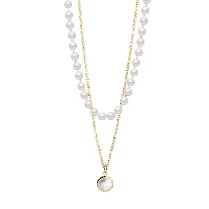 Retro Simple Titanium Steel Short Double Layer Pearl Necklace