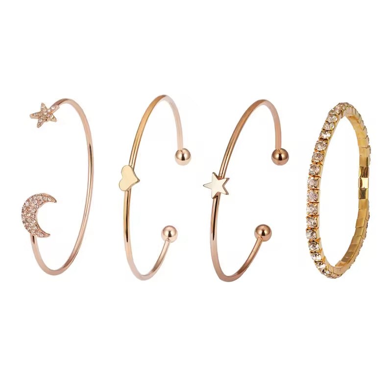 Crystal Moon & Star Bracelet Set – 4-Piece Open Cuff Design