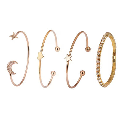 Crystal Moon & Star Bracelet Set – 4-Piece Open Cuff Design