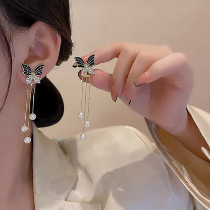 Black Butterfly Tassel Earrings – Elegant Long Chain with Pearl Studs