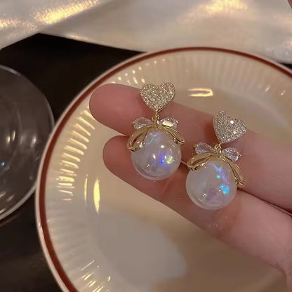 Delicate Gold Bow Heart Zircon Earrings – Elegant Colored Pearl Drop Design