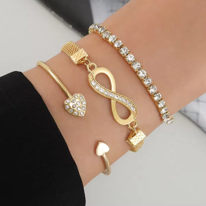 Crystal Peach Heart Bangle Bracelet Set – 3-Piece Sparkling Charm Set for Women & Girls