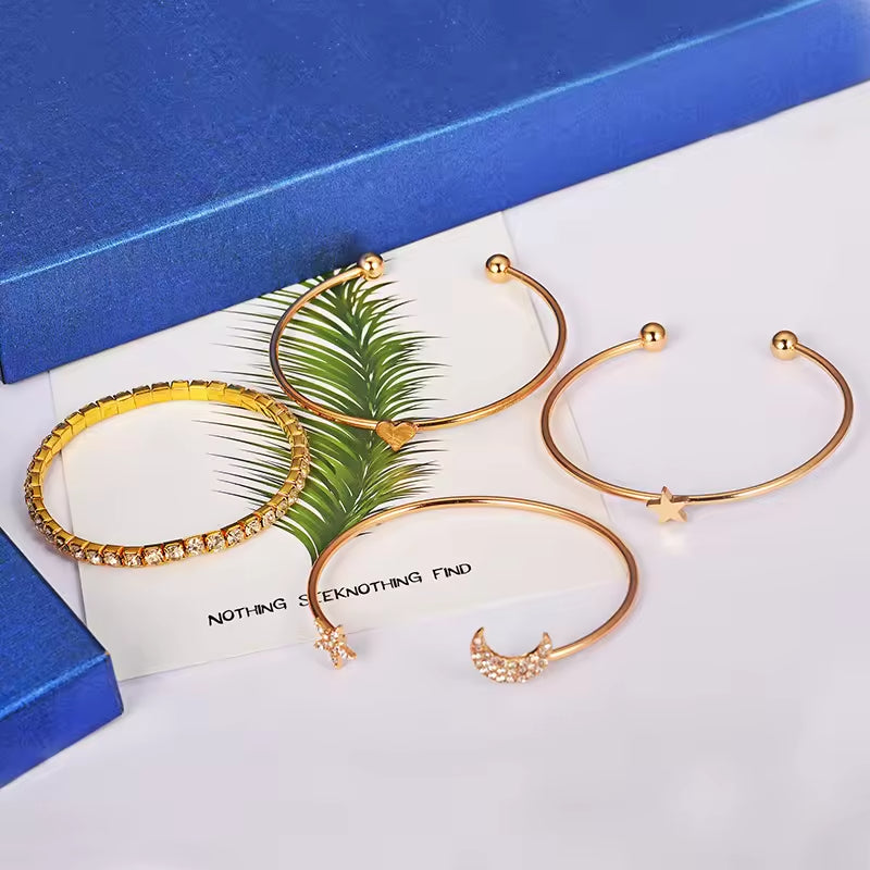 Crystal Moon & Star Bracelet Set – 4-Piece Open Cuff Design