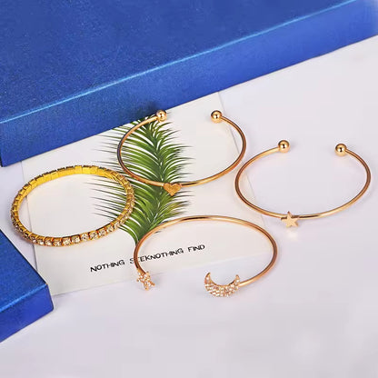 Crystal Moon & Star Bracelet Set – 4-Piece Open Cuff Design