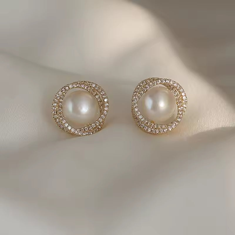 Floral Pearl Zircon Earrings – Elegant Gold Color Studs for Women