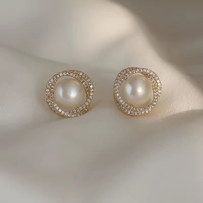 Floral Pearl Zircon Earrings – Elegant Gold Color Studs for Women