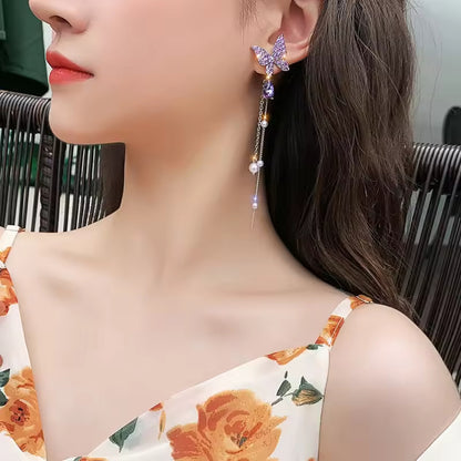 Purple Butterfly Pearl Tassel Earrings – Elegant Sparkle in Silver