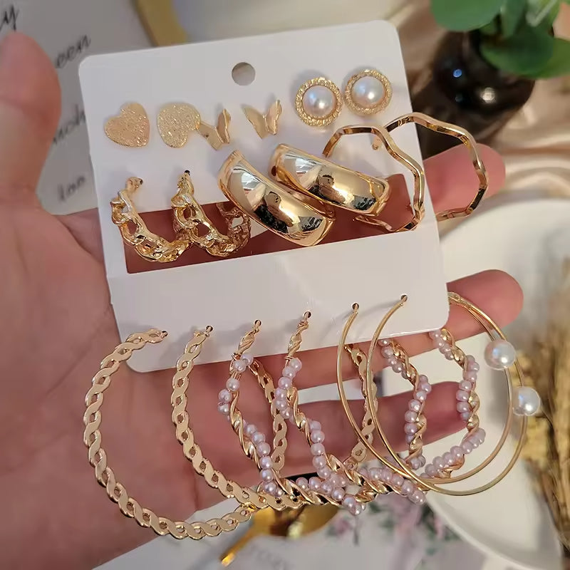 Gold Hoop Earrings Set – 9-Piece Chunky & Twisted Geometric Hoops for Women